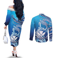 Hawaii Couples Matching Off The Shoulder Long Sleeve Dress and Long Sleeve Button Shirt Turtle With Hammerhead Shark Oceanic DT04 - Polynesian Pride