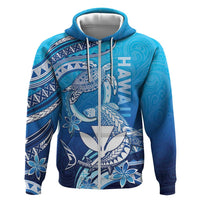 Hawaii Zip Hoodie Turtle With Hammerhead Shark Oceanic DT04 Zip Hoodie Blue - Polynesian Pride