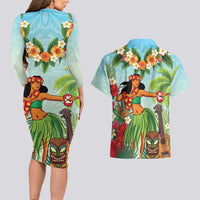 Hawaii Lei Day Couples Matching Long Sleeve Bodycon Dress and Hawaiian Shirt Hula Girl With Tropical Forest