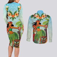 Hawaii Lei Day Couples Matching Long Sleeve Bodycon Dress and Long Sleeve Button Shirt Hula Girl With Tropical Forest