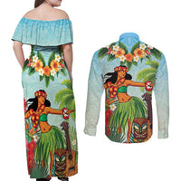 Hawaii Lei Day Couples Matching Off Shoulder Maxi Dress and Long Sleeve Button Shirt Hula Girl With Tropical Forest