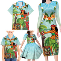 Hawaii Lei Day Family Matching Long Sleeve Bodycon Dress and Hawaiian Shirt Hula Girl With Tropical Forest