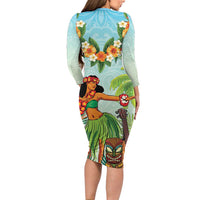 Hawaii Lei Day Long Sleeve Bodycon Dress Hula Girl With Tropical Forest