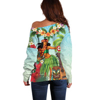 Hawaii Lei Day Off Shoulder Sweater Hula Girl With Tropical Forest
