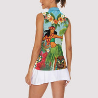 Hawaii Lei Day Women Sleeveless Polo Shirt Hula Girl With Tropical Forest