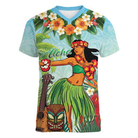 Hawaii Lei Day Women V-Neck T-Shirt Hula Girl With Tropical Forest