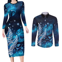 New Zealand Matariki Couples Matching Long Sleeve Bodycon Dress and Long Sleeve Button Shirt Maori Koru Mix Silver Fern