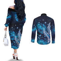 New Zealand Matariki Couples Matching Off The Shoulder Long Sleeve Dress and Long Sleeve Button Shirt Maori Koru Mix Silver Fern