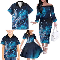 New Zealand Matariki Family Matching Off The Shoulder Long Sleeve Dress and Hawaiian Shirt Maori Koru Mix Silver Fern