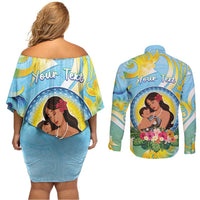 Personalised Fiji Mother's Day Couples Matching Off Shoulder Short Dress and Long Sleeve Button Shirt I Love You Mom