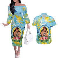 Personalised Fiji Mother's Day Couples Matching Off The Shoulder Long Sleeve Dress and Hawaiian Shirt I Love You Mom