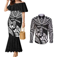 Custom New Zealand Rugby Couples Matching Mermaid Dress and Long Sleeve Button Shirt Silver Fern Maori Pattern