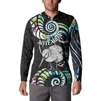 New Zealand Kiwi Bird Button Sweatshirt Silver Fern Koru Paua Shell