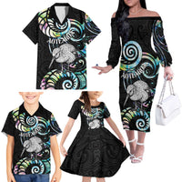 New Zealand Kiwi Bird Family Matching Off The Shoulder Long Sleeve Dress and Hawaiian Shirt Silver Fern Koru Paua Shell