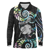 New Zealand Kiwi Bird Long Sleeve Polo Shirt Silver Fern Koru Paua Shell