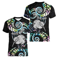 New Zealand Kiwi Bird Women V-Neck T-Shirt Silver Fern Koru Paua Shell
