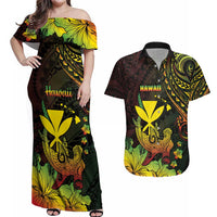 Personalised Hawaii Couples Matching Off Shoulder Maxi Dress and Hawaiian Shirt Kanaka Maoli With Hammerhead Shark