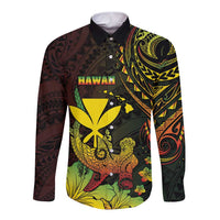Personalised Hawaii Long Sleeve Button Shirt Kanaka Maoli With Hammerhead Shark