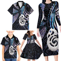 New Zealand Aotearoa Family Matching Long Sleeve Bodycon Dress and Hawaiian Shirt Maori Hei Manaia Purple Paua Shell