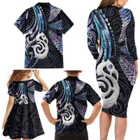 New Zealand Aotearoa Family Matching Long Sleeve Bodycon Dress and Hawaiian Shirt Maori Hei Manaia Purple Paua Shell