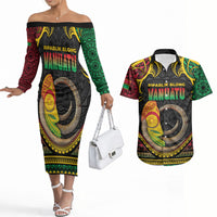 Vanuatu Language Week Couples Matching Off The Shoulder Long Sleeve Dress and Hawaiian Shirt Boar Tusk Warrior Tribal Floral Pattern