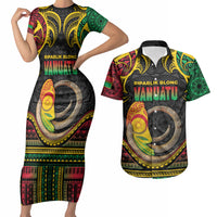 Vanuatu Language Week Couples Matching Short Sleeve Bodycon Dress and Hawaiian Shirt Boar Tusk Warrior Tribal Floral Pattern DT05 Black - Polynesian Pride