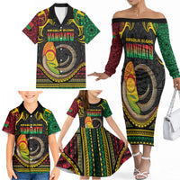 Vanuatu Language Week Family Matching Off The Shoulder Long Sleeve Dress and Hawaiian Shirt Boar Tusk Warrior Tribal Floral Pattern