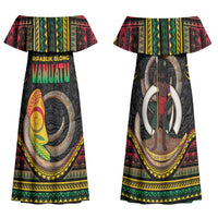 Vanuatu Language Week Family Matching Off Shoulder Maxi Dress and Hawaiian Shirt Boar Tusk Warrior Tribal Floral Pattern DT05 Mom's Dress Black - Polynesian Pride