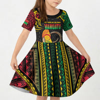 Vanuatu Language Week Kid Short Sleeve Dress Boar Tusk Warrior Tribal Floral Pattern DT05 KID Black - Polynesian Pride