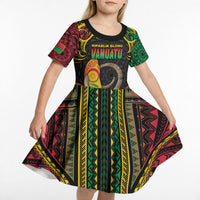Vanuatu Language Week Kid Short Sleeve Dress Boar Tusk Warrior Tribal Floral Pattern DT05 - Polynesian Pride