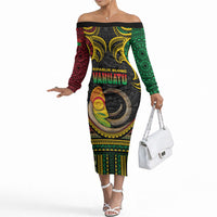 Vanuatu Language Week Off The Shoulder Long Sleeve Dress Boar Tusk Warrior Tribal Floral Pattern