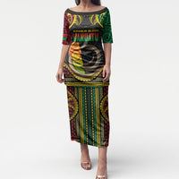 Vanuatu Language Week Puletasi Boar Tusk Warrior Tribal Floral Pattern DT05 Long Dress Black - Polynesian Pride