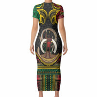 Vanuatu Language Week Short Sleeve Bodycon Dress Boar Tusk Warrior Tribal Floral Pattern DT05 - Polynesian Pride