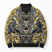 Aotearoa Ngati Raukawa Bomber Puffer Jacket Maori Tribal Yellow And Navy Paua Shell Pattern DT05 - Polynesian Pride