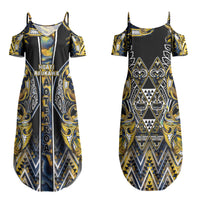 Aotearoa Ngati Raukawa Couples Matching Summer Maxi Dress and Long Sleeve Button Shirt Maori Tribal Yellow And Navy Paua Shell Pattern DT05 - Polynesian Pride