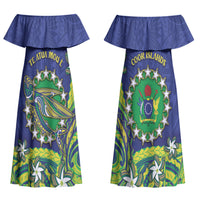 Cook Islands Language Week Couples Matching Off Shoulder Maxi Dress and Hawaiian Shirt Flying Fish 15 Stars Tribal Patterns