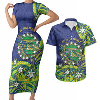 Cook Islands Language Week Couples Matching Short Sleeve Bodycon Dress and Hawaiian Shirt Flying Fish 15 Stars Tribal Patterns DT05 Green - Polynesian Pride