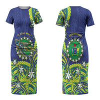 Cook Islands Language Week Couples Matching Short Sleeve Bodycon Dress and Long Sleeve Button Shirt Flying Fish 15 Stars Tribal Patterns DT05 - Polynesian Pride