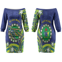 Cook Islands Language Week Family Matching Off The Shoulder Long Sleeve Dress and Hawaiian Shirt Flying Fish 15 Stars Tribal Patterns DT05 Mom's Dress Green - Polynesian Pride