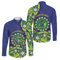 Cook Islands Language Week Family Matching Off The Shoulder Long Sleeve Dress and Hawaiian Shirt Flying Fish 15 Stars Tribal Patterns DT05 Dad's Shirt - Long Sleeve Green - Polynesian Pride