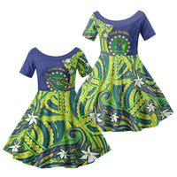Cook Islands Language Week Family Matching Off The Shoulder Long Sleeve Dress and Hawaiian Shirt Flying Fish 15 Stars Tribal Patterns DT05 Daughter's Dress Green - Polynesian Pride