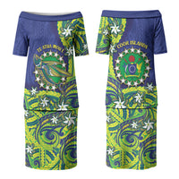 Cook Islands Language Week Family Matching Puletasi and Hawaiian Shirt Flying Fish 15 Stars Tribal Patterns DT05 Mom's Dress Green - Polynesian Pride
