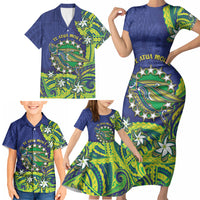 Cook Islands Language Week Family Matching Short Sleeve Bodycon Dress and Hawaiian Shirt Flying Fish 15 Stars Tribal Patterns