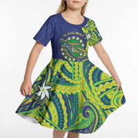Cook Islands Language Week Kid Short Sleeve Dress Flying Fish 15 Stars Tribal Patterns DT05 - Polynesian Pride