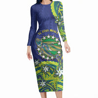 Cook Islands Language Week Long Sleeve Bodycon Dress Flying Fish 15 Stars Tribal Patterns DT05 Long Dress Green - Polynesian Pride
