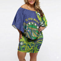 Cook Islands Language Week Off Shoulder Short Dress Flying Fish 15 Stars Tribal Patterns