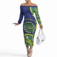 Cook Islands Language Week Off The Shoulder Long Sleeve Dress Flying Fish 15 Stars Tribal Patterns DT05 Women Green - Polynesian Pride