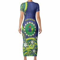 Cook Islands Language Week Short Sleeve Bodycon Dress Flying Fish 15 Stars Tribal Patterns