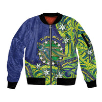 Cook Islands Language Week Sleeve Zip Bomber Jacket Flying Fish 15 Stars Tribal Patterns