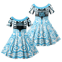 Custom Aotearoa Ngati Kahungunu Family Matching Long Sleeve Bodycon Dress and Hawaiian Shirt New Zealand Traditional Maori Pattern DT05 Daughter's Dress Blue - Polynesian Pride